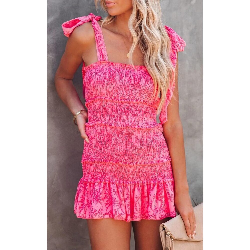 Women's Summer Floral Mini Dress Polyester Ruffle Tie Neck Casual - Picture 2 of 7